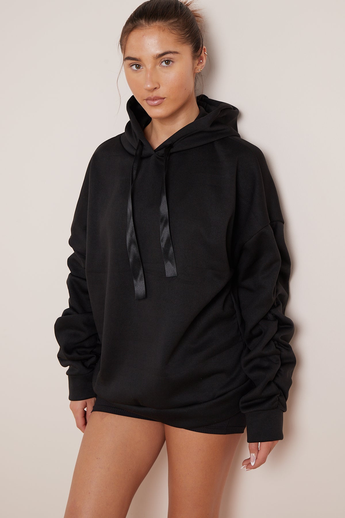 Ruched sleeve hoodie wholesale sale